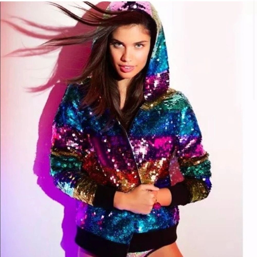 Victoria’s Secret Pink Fashion show bling rainbow Hoodie Jacket S